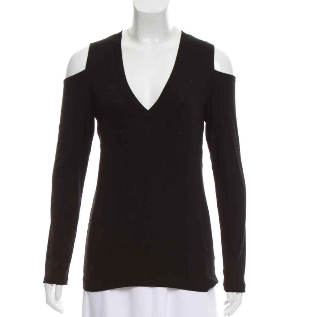 Monrow Black Cold Shoulder V Neck Ribbed Stretch Top Size M